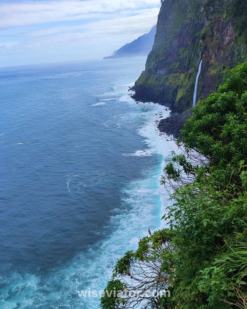 Cliffside waterfall overlooking the ocean. Miradouro do Veu da Noiva- North West Madeira Road Trip